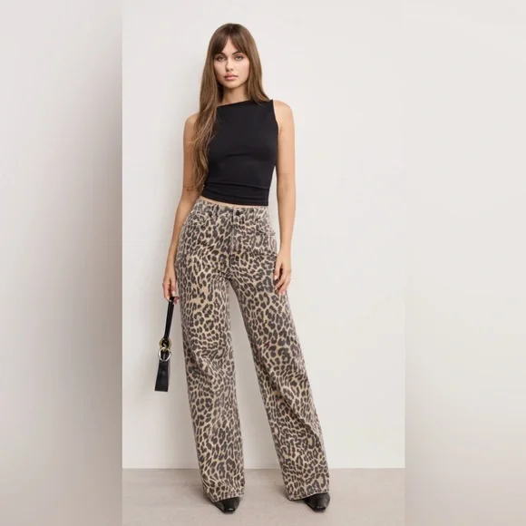 Good American Leopard Print Wide Leg Pants - Tan & Black - Picture 1 of 8